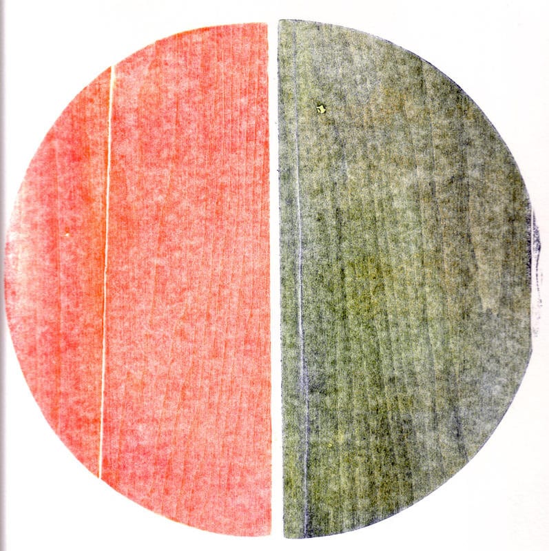 Peter Freedman's mark: a two-color monotype print, one half red, one half green.